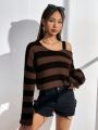 Striped Pattern Asymmetrical Neck Drop Shoulder Sweater