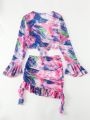 SHEIN Swim Mod Women'S Tie Dye Front Knot Cover Up Top And Skirt