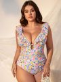 SHEIN Swim Mod Plus Size One-piece Swimsuit With Flower Print And Ruffle Trim