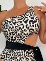 SHEIN Swim Chicsea One Shoulder Leopard Print Swimsuit With Knotted, Hollow Out And Cutout Detail