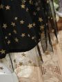 Faux Leather Jacket And Starry Golden Mesh Skirt Set For Baby Girls