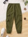 SHEIN Kids HYPEME Young Boy Slogan Graphic Flap Pocket Cargo Pants With Chain