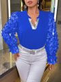 SHEIN Privé Plus Size Long Sleeve Shirt With Sequin And Butterfly Applique Decorated Notched V-neck