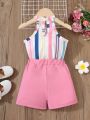 Baby Girl Striped Halter Top And Double-Breasted Shorts Set