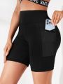 Yoga Basic Breathable Softness Wide Waistband Sports Shorts With Phone Pocket