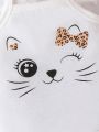 3pcs/Set Baby Girls' Cute Leopard Print Kitten Overalls