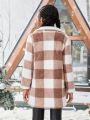 SHEIN Kids Cooltwn Tween Girl Buffalo Plaid Pattern Lapel Collar Coat