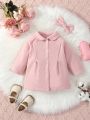 SHEIN Baby Girl Solid Raglan Sleeve Button Front Overcoat & Headband