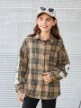 SHEIN Kids SUNSHNE Girls' Plaid Loose Fit Woven Shirt With Small Lapel, Casual