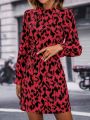 SHEIN LUNE Allover Print Flare Sleeve Belted Dress