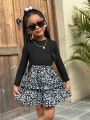 SHEIN Kids Cooltwn Toddler Girls' Casual Solid Color Long Sleeve Top With Floral Print Skirt