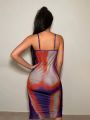 SHEIN Swim Y2GLAM Ladies' Striped Thermal Imaging Printed Spaghetti Strap Maxi Dress