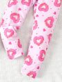 SHEIN Kids CHARMNG Toddler Girls' Romantic Pink Ruffle Top And Love & Donut Digital Printed Leggings Set For Spring And Autumn