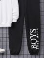 SHEIN Teenage Boys' 3pcs Solid Color Hoodie With Printed Knitted Pants And Crossbody Bag