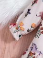 Baby Girls' Contrast Collar Floral Cartoon Print Dress, Autumn And Winter