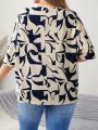 EMERY ROSE Plus Size Abstract Printed V-neck Half Sleeve Shirt