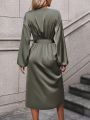 Green Wrap V-neck Lantern Sleeve Maxi Dress