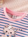 Baby Girls' Striped Cat Pattern Hoodie And Pants Set, Autumn Winter