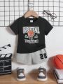 SHEIN Baby Boy Basketball & Letter Pattern Short Sleeve T-Shirt And Shorts Casual Sports Outfits