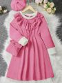 Girls' Plush Collar Corduroy Dress With Hat And Bag, Warm And Elegant, For Autumn/winter