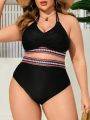 SHEIN Swim BohoFeel Plus Size Women's Geometric Printed Halter Swimwear Top