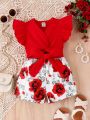 Baby Girl's Ruffle Detailed Top With Twist And Floral Pattern Shorts Set