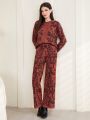 SHEIN Modely Women's Floral Pattern Hooded Sweater And Pants Set
