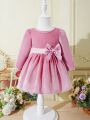 Baby Girls' Velvet Dress With Bow Decoration