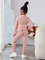 SHEIN Kids Cooltwn Young Girl Ruffle Trim Flounce Sleeve Peplum Sweater & Knit Leggings