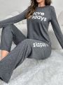 Women's Simple Printed Solid Long Sleeve Pajamas Set