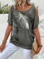 Hollow Out Shoulder Feather Pattern Printed T-Shirt