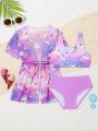 Baby Unicorn Print Bikini Swimsuit With Kimono