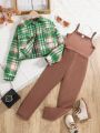 SHEIN Kids EVRYDAY Girls' Plaid Jacket & Jumpsuit Set For Spring