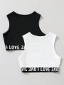SHEIN Kids Cooltwn Big Girls' Casual Street Style Multicolor Letter Print Black And White 2pcs Vest Set