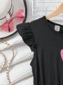 SHEIN Kids Cooltwn Girls' Heart Print Flutter Sleeve Knit Splicing Jumpsuit