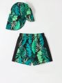 Baby Boy Tropical Print Swim Shorts With Swim Cap