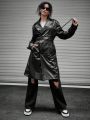 Manfinity 1pc Double Breasted PU Leather Belted Trench Coat