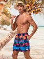 SHEIN Men'S Swim Trunks With Coconut Tree Print And Drawstring Waist