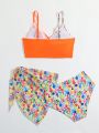 Tween Girl Plant Print Twisted Detail Bikini Set + Knotted Side Swim Skirt Set, 3pcs