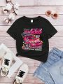 Teen Girls' Casual Letter & Car Printed Round Neck Short Sleeve T-Shirt Suitable For Summer