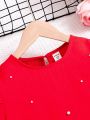 SHEIN Kids FANZEY Big Girls' Woven Solid Color Round Neck Sheep Leg Sleeve Blended Casual Shirt