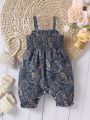 Baby Girls' Spaghetti Strap Paisley Printed Romper With Ruffle Hem & Button Closure, Quick Dry Soft Material Great For Spring And Summer