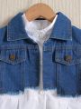 SHEIN Kids HYPEME Young Girl Flounce Sleeve Shirt Dress & Denim Vest Jacket