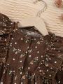 Baby Girl Ditsy Floral Print Ruffle Trim Flare Sleeve Corduroy Dress