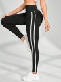 Women's Side Striped Decor & Pocket Design Sports Leggings