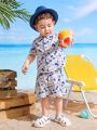 SHEIN Baby Boy/Girl Casual Coconut Tree Print Lapel Short Sleeve Shirt And Shorts Set