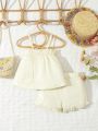 2pcs/Set Baby Girl's Embroidered Elegant Tank Top And Shorts Summer Outfits