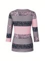 Women'S Color Block Printed Patchwork Button Details T-Shirt