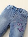 Young Girl Butterfly Embroidery Straight Leg Jeans