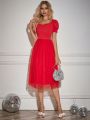 Red Lace A-line Princess Dress With Puff Sleeves And Empire Waist For Daily Wear In Spring/summer